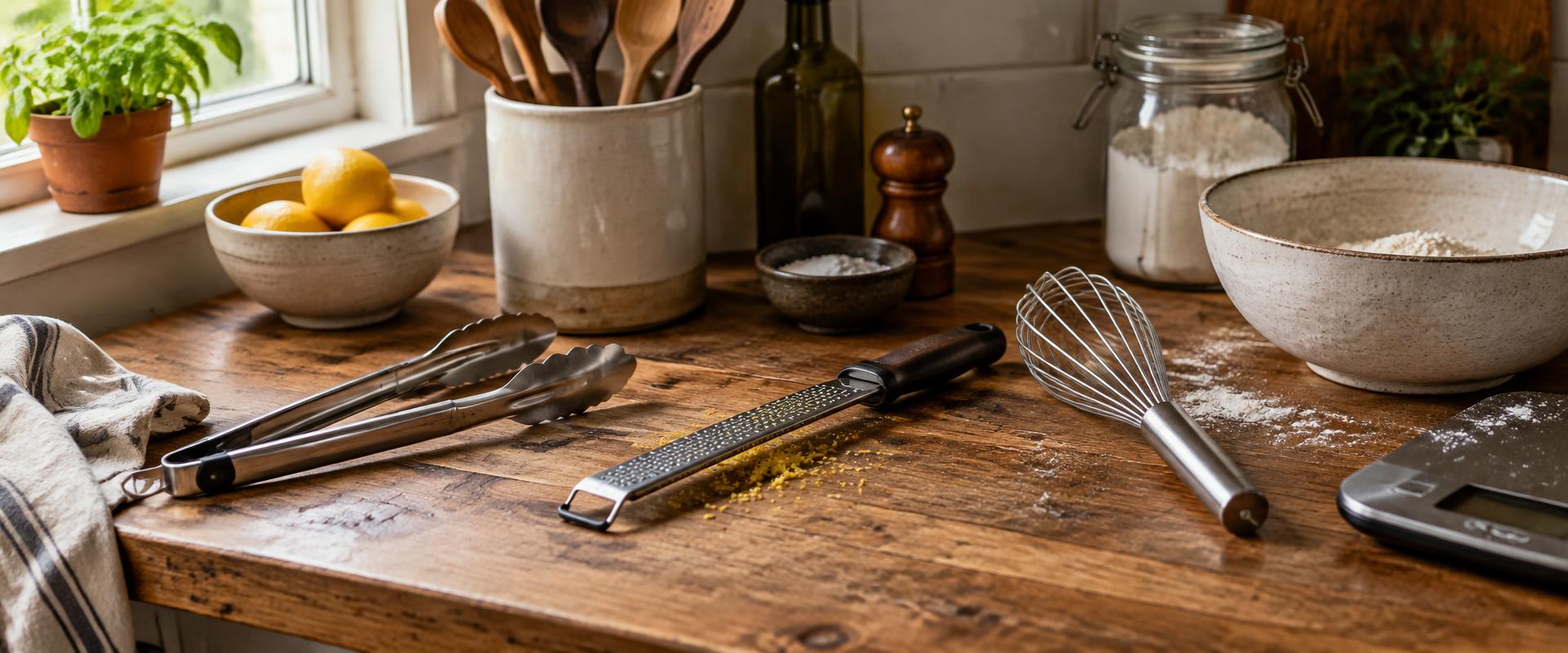 Essentiële keukentools op een werkbank