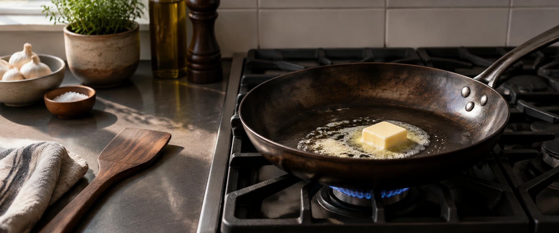 Koekenpan op het fornuis met boter die net begint te smelten