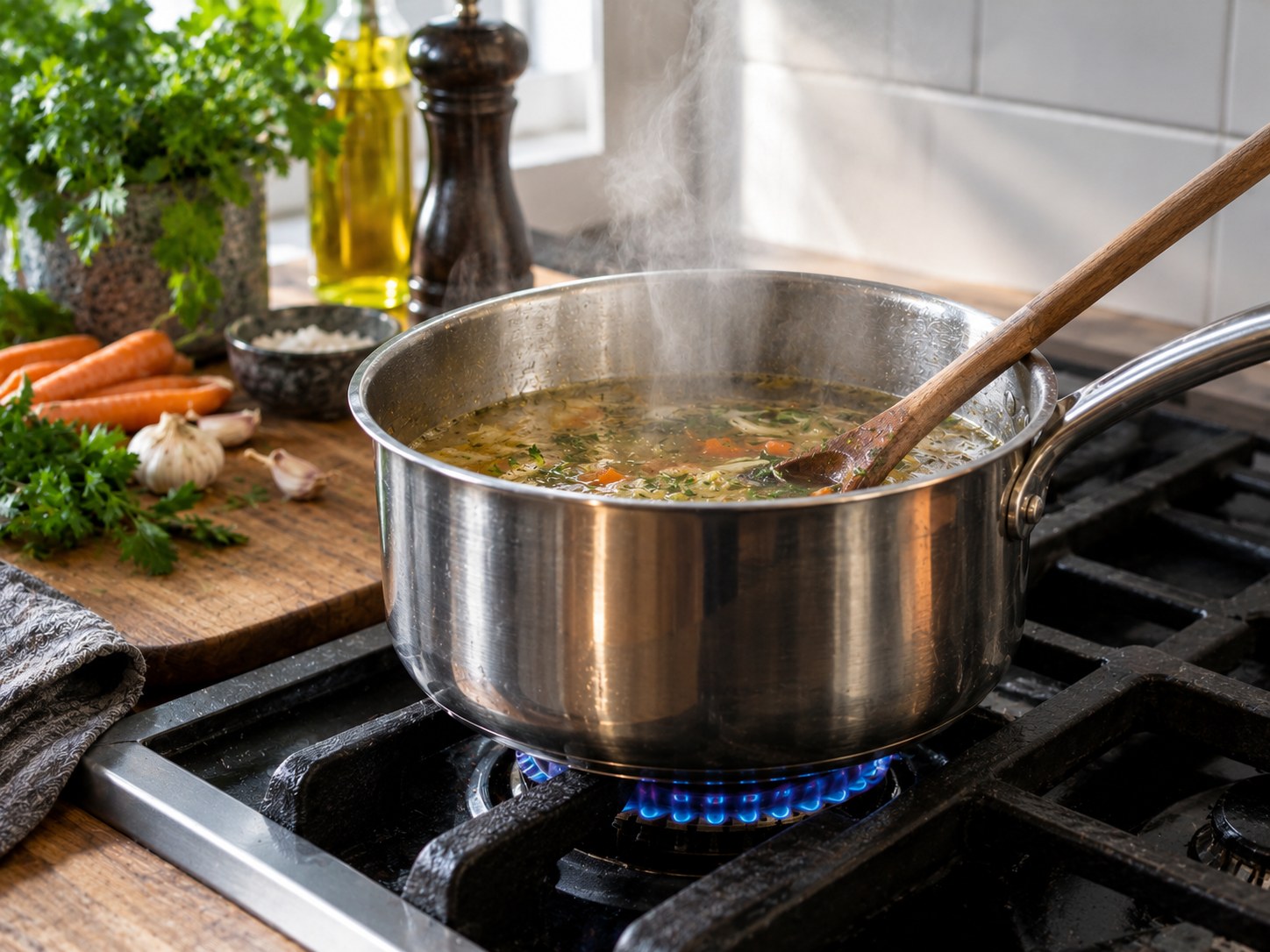 RVS-steelpan met dampende bouillon op een gasfornuis