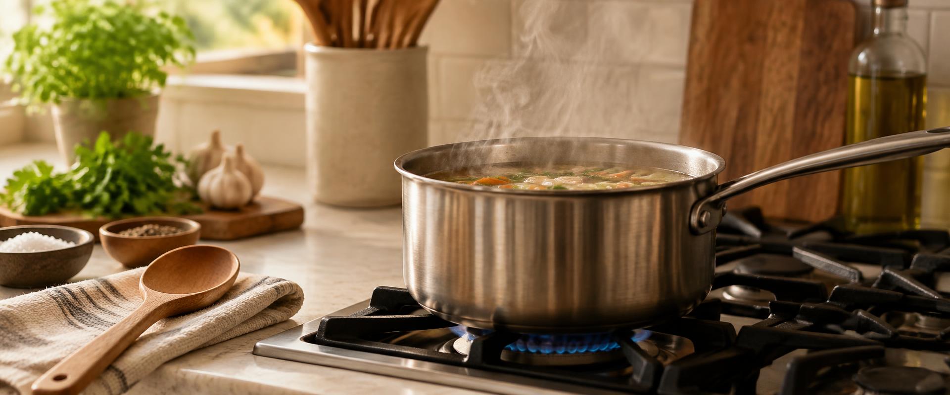 Steelpan met stomende bouillon en een houten lepel ernaast