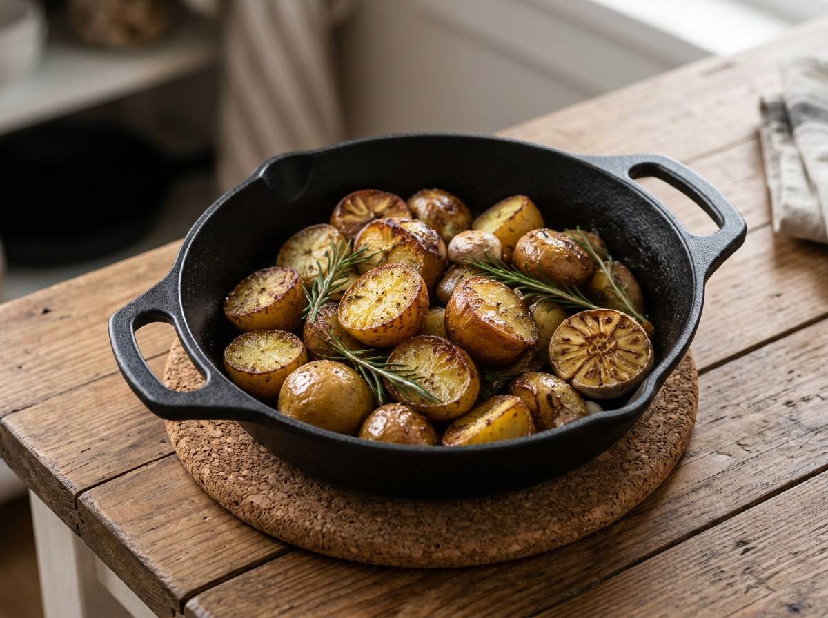 BK Bourgogne gietijzeren braadpan 24 cm — voorbeeldbeeld: gietijzeren pan met geroosterd gerecht