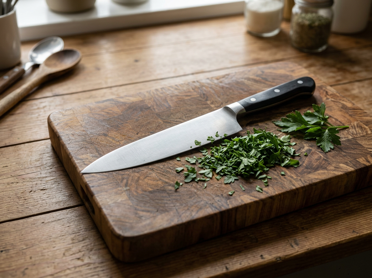 Victorinox Fibrox — voorbeeldbeeld: koksmes op een houten snijplank met versgesneden kruiden