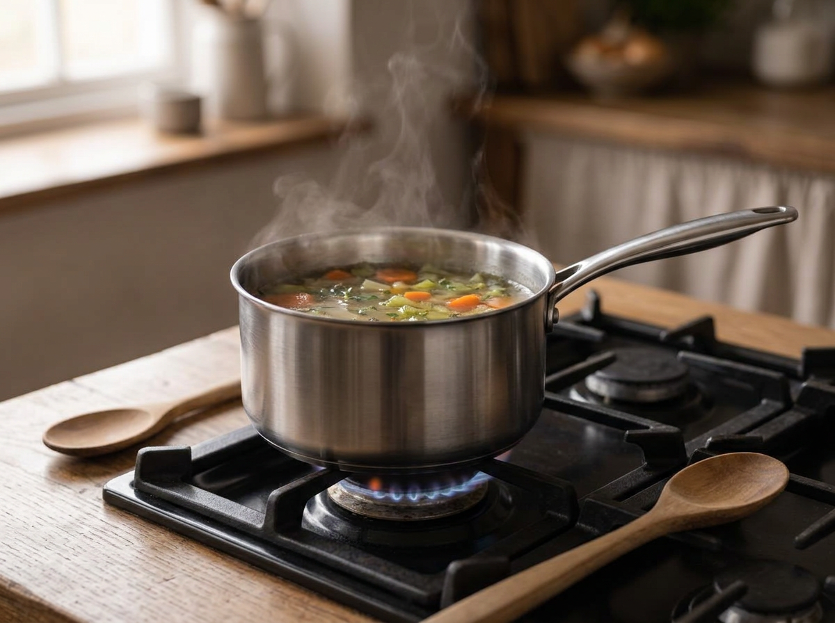 BK — voorbeeldbeeld: steelpan met stomende bouillon op het fornuis